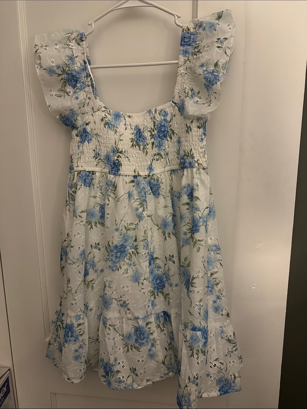 Blue Floral Smocked Mini Dress with Puff Sleeves